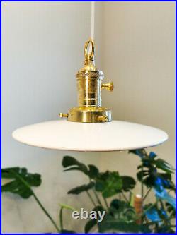 1990s Vintage Brass Ceramic Flat Shade Pendant Light / Retro Industrial Lamp 8