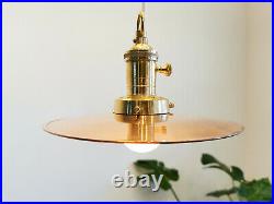 1990s Vintage Copper Brass Flat Shade Pendant Light / Retro Industrial Lamp 8