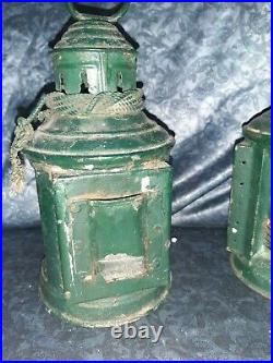2 Vintage Perko Maritime Marine Lamp Ship Lantern Light Blue Red Glass 1913 Rare