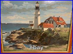 2 Vtg Framed Paint By Numbers Seascape Light House Seagulls 19x23 Cape Coastal