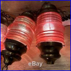 3 Vintage Brass Red Hand Painted Glass Hanging Lantern Ship Light Lamps Nautical