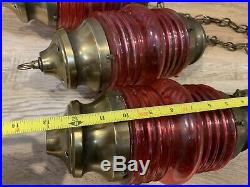 3 Vintage Brass Red Hand Painted Glass Hanging Lantern Ship Light Lamps Nautical