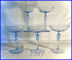 5 Vintage Light Blue Hand Blown Etched Nautical Theme 6 3/4 Champagne Stems