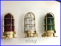 Antique Brass Nautical Mount Bulkhead Light Red/Green/White Glass Set Of 3