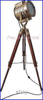 Antique Finish Brass Searchlight with Adjustable Tripod Studio LED Floor Lamp