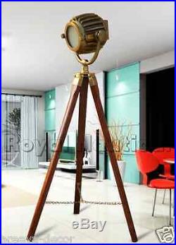 Antique Finish Spot light Tripod Nautical Teak Wooden Vintage Floor Lamp Decor