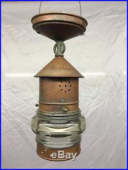 Antique Nautical Copper Porch Light Ceiling Fixture vtg Thick Glass Globe 1-18J