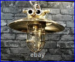 Antique Nautical Ship Brass Long Vintage Pendant Light with Shade & Hook 1 Piece