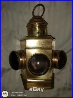 Antique Ship Bow Vtg Lantern signal Lamp light Brass 3 Lens Nautical blue red