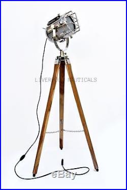 Antique Teak Wood Tripod Spot Light Vintage Nautical Search Light Replica