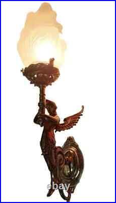 Antique Vintage Art Deco Nouveau Brass Mermaid Wall Sconces Fixture Light Lamp