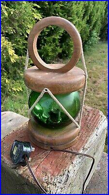 Beautiful Vintage Wood & Green Glass Ekectric Table Lamp Light