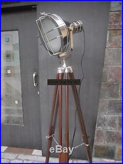 Designer Chrome Nautical SPOT LIGHT Tripod Floor LAMP vintage Industrial Light
