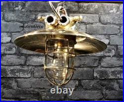 Ex Submarine Ship Old Brass Passage Ceiling Hanging Light Fixture with Big Shade