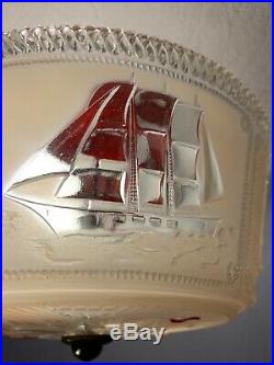 Flush Mount Light Fixture with Vintage Cast Nautical Shade Sailing Ship Ceiling