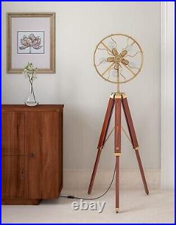 Handmade Vintage Style Fan Brass Floor Lamp with Wooden Adjustable Tripod Stand