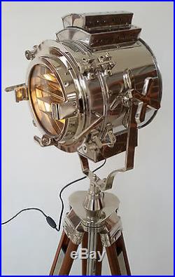 Hollywood Nautical Vintage Spotlight Wooden Heavy Tripod Big Light Floor Lamp