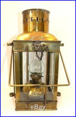 Large Vintage Square Brass Ship's Lantern Light With Burner 14 5/8 Tall