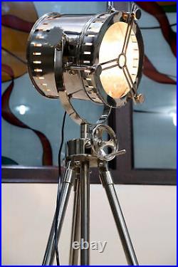 Large vintage industrial DESIGNER Chrome Nautical SPOT LIGHT Tripod Floor LAMP