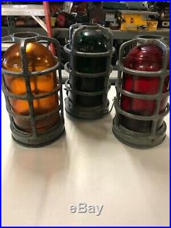 Lot Of 3 Vintage RAB Globe Lights Red Yellow Green WithCages Steampunk