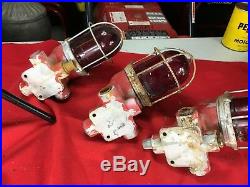 Lot of 3 Vintage Benjamin Vapolet Industrial Ship Lights w Red Globes / Lenses