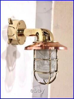 Marine Theme Vintage Swan Neck Brass Wall Light with Copper Shade & White Glass