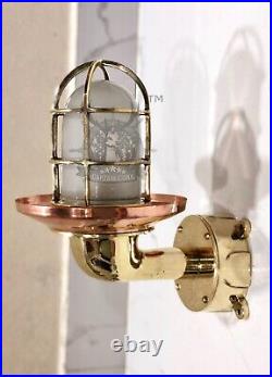 Marine Theme Vintage Swan Neck Brass Wall Light with Copper Shade & White Glass