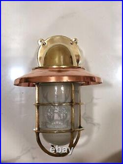 Marine Theme Vintage Swan Neck Brass Wall Light with Copper Shade & White Glass