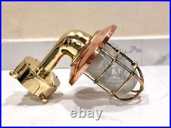 Marine Theme Vintage Swan Neck Brass Wall Light with Copper Shade & White Glass