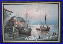 Max Savy Signed Original-Light House/Harbor BoatsOil Painting large 24x 36