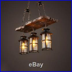 Nautical 3 Lights Glass Lantern Pendant Light Vintage Island Wooden Chandelier