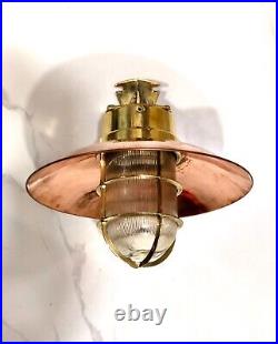Nautical Antique Brass Original Triangle Base Wall Swan Light With Copper Shade