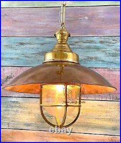 Nautical Brass Hanging Light with Copper Shade Passageway Bulkhead Ship