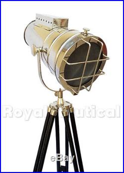 Nautical Chrome Vintage Spotlight Searchlight Wooden Tripod Lighting Floor Lamp
