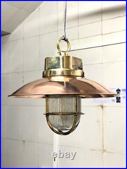 Nautical Maritime Antique Brass Vintage Original Hanging Light With Shade/Hook