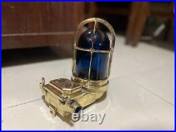 Nautical Old Antique Ship Brass Passageway Bulkhead Light With Blue Glass