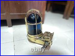 Nautical Old Antique Ship Brass Passageway Bulkhead Light With Blue Glass