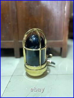 Nautical Old Antique Ship Brass Passageway Bulkhead Light With Blue Glass