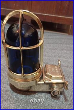 Nautical Old Antique Ship Brass Passageway Bulkhead Light With Blue Glass