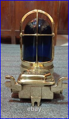 Nautical Old Antique Ship Brass Passageway Bulkhead Light With Blue Glass