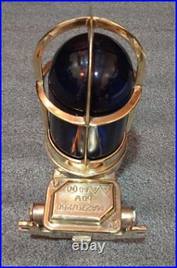 Nautical Old Antique Ship Brass Passageway Bulkhead Light With Blue Glass