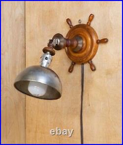 Nautical Ships Wheel Helm Wall Lamp Steel Shade MCM Vintage Sconce Light Works
