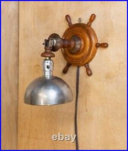 Nautical Ships Wheel Helm Wall Lamp Steel Shade MCM Vintage Sconce Light Works