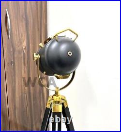 Nautical Spot Light Floor Lamp Adjustable Wooden Tripod Marine Studio Searchligh