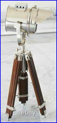 Nautical Spotlight Table Lamp Searchlight Chrome With Wooden Tripod Home Decor