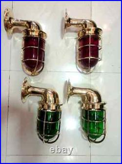 Nautical Vintage Solid Brass Passgeway Wall Light Red/Green Glass 4 Pieces