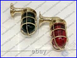 Nautical Vintage Style Brass Swan Wall Light Fixture Red/Green Glass Lot of 2