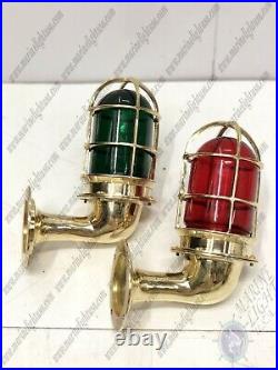 Nautical Vintage Style Brass Swan Wall Light Fixture Red/Green Glass Lot of 2