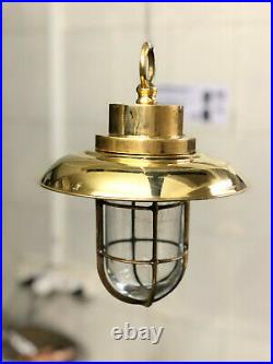 Original Old Nautical Ship Antique Brass Vintage Hanging Light with Shade/Hook