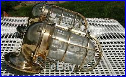 Original Pair of Vintage Brass Nautical Cage Wall Light Bulkhead Ship Lamps